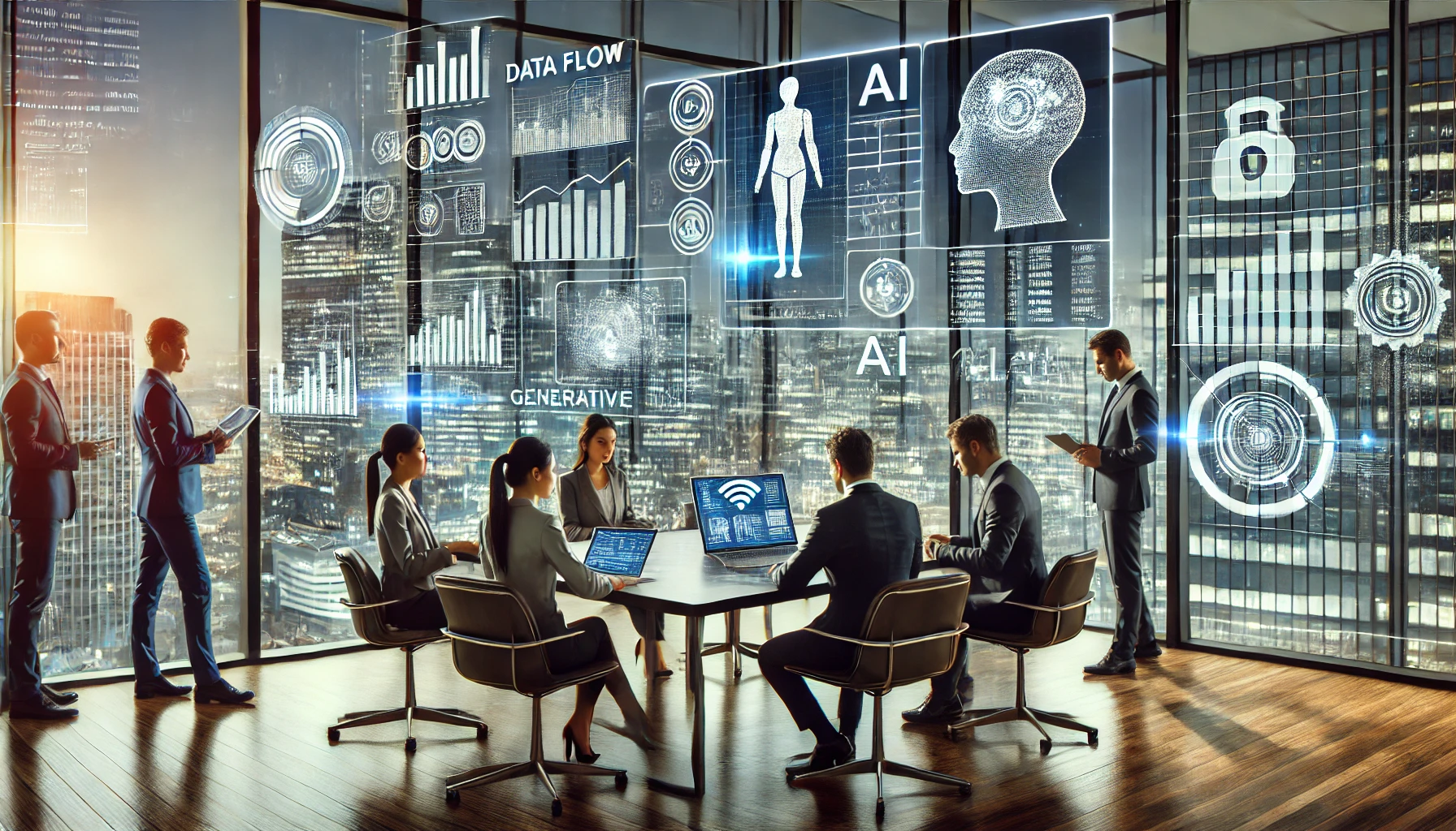 Business professionals discussing AI strategies in a modern office with digital screens displaying AI data, generative AI, and data flow charts.