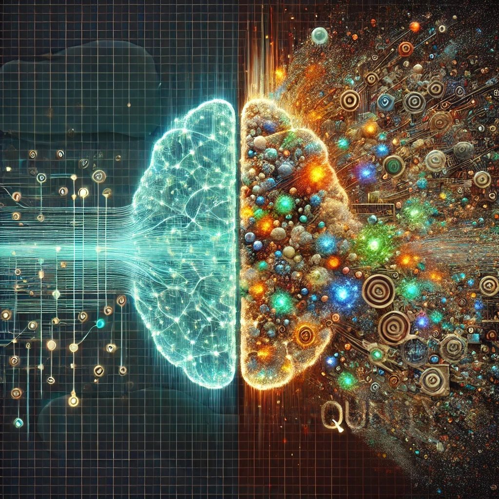 AI brain with data quality comparison - structured and chaotic data.