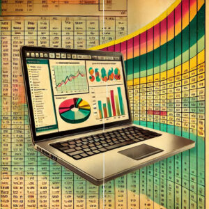 Retro-style laptop displaying Power BI dashboard with data visualization charts and graphs, highlighting data transformation from analog to digital.