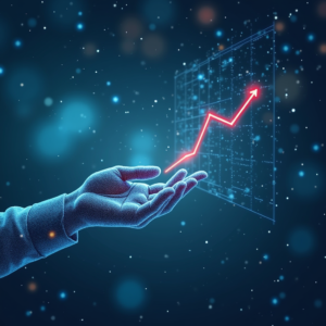 A digital illustration of a hand holding a glowing red upward graph in a futuristic data environment, symbolizing predictive analytics and data-driven business growth.